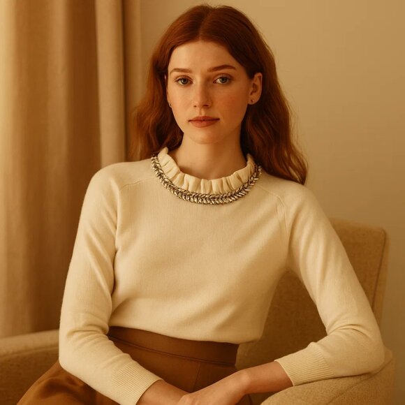 RSVP by Talbots Sweater Size SP Cream Ruffle Neck Jeweled Trim Bow Back Elegant - Picture 13 of 13